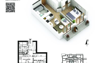 Rzut - Mieszkanie na sprzedaż 2 pokoje o powierzchni 34,68 m² - numer 16 w Piano Park etap VI