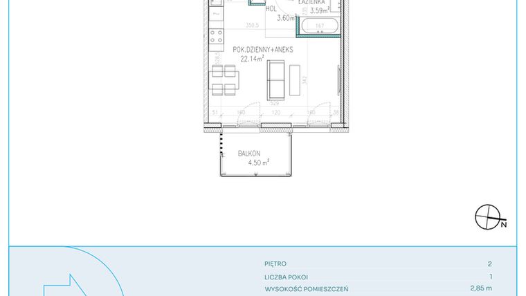 Rzut - Mieszkanie na sprzedaż 1 pokój o powierzchni 29,33 m² - numer D23 w Dwa Jeziora CD