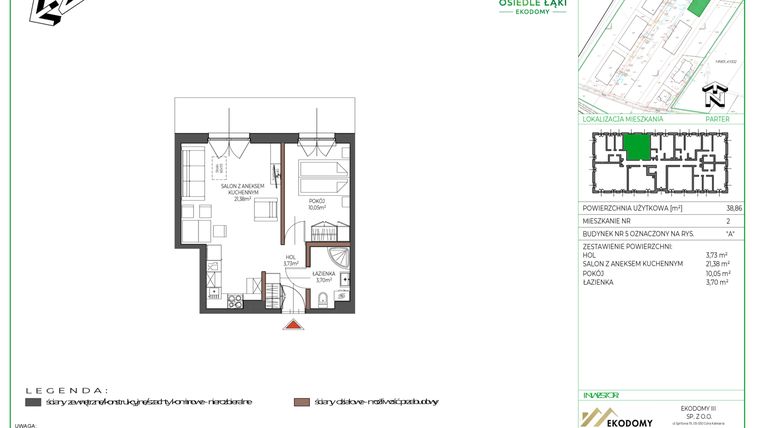 Rzut - Mieszkanie na sprzedaż 2 pokoje o powierzchni 38,86 m² - numer 2 w Osiedle Polna bud. 5