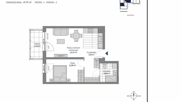 Rzut - Mieszkanie na sprzedaż 2 pokoje o powierzchni 47,97 m² - numer E.1.2 w Nowa Dąbrowa bud. DE