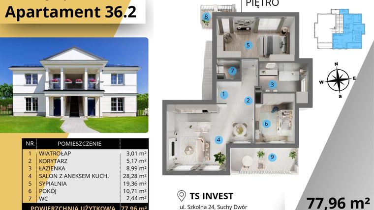 Rzut - Mieszkanie na sprzedaż 3 pokoje o powierzchni 77,82 m² - numer 36.2. w Ogrody Tesoro VI