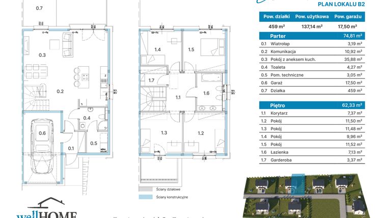 Rzut - Dom na sprzedaż 5 pokoi o powierzchni 137,14 m² - numer B2 w Łozina I