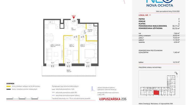 Rzut - Mieszkanie na sprzedaż 3 pokoje o powierzchni 55,17 m² - numer 11 w Neo Nova Ochota