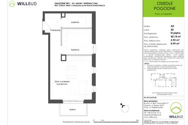 Rzut - Mieszkanie na sprzedaż 2 pokoje o powierzchni 45,14 m² - numer OP/A2/P3/20 w Osiedle Pogodne etap I
