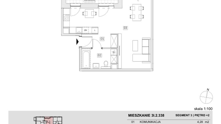 Rzut - Mieszkanie na sprzedaż 1 pokój o powierzchni 43,83 m² - numer 3I.2.338 w Ogrody Geyera Apartamenty