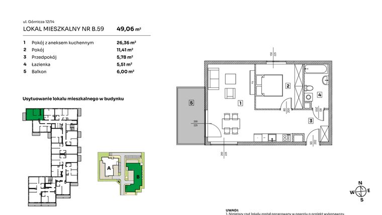 Rzut - Mieszkanie na sprzedaż 2 pokoje o powierzchni 49,06 m² - numer B.59 w Parkove Love