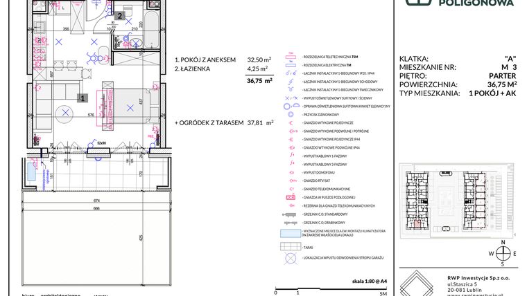 Rzut - Mieszkanie na sprzedaż 1 pokój o powierzchni 36,75 m² - numer 3 w Apartamenty Poligonowa etap 5