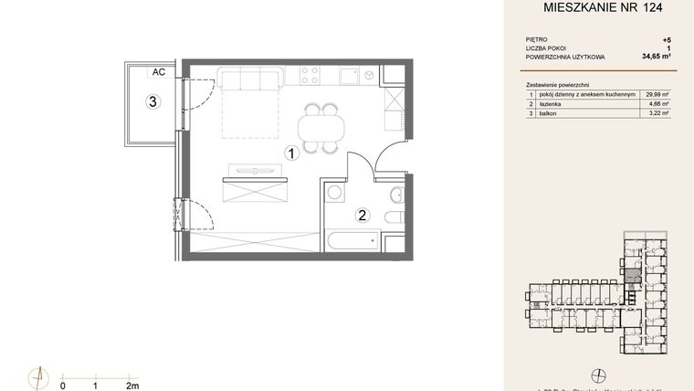 Rzut - Mieszkanie na sprzedaż 1 pokój o powierzchni 34,65 m² - numer 124 w Waterlane Vibe