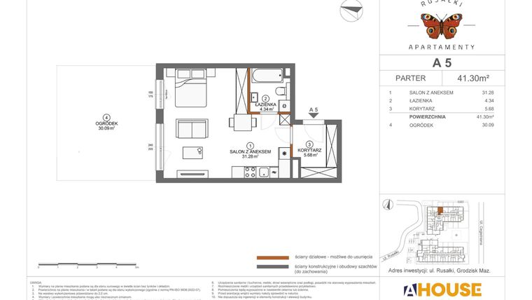 Rzut - Mieszkanie na sprzedaż 1 pokój o powierzchni 41,3 m² - numer A5 w Apartamenty Rusałki