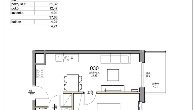 Rzut - Mieszkanie na sprzedaż 2 pokoje o powierzchni 37,83 m² - numer 30 w Rezydencja Liwska 3