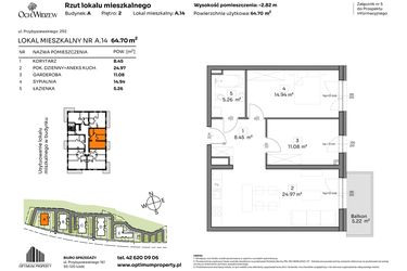 Rzut - Mieszkanie na sprzedaż 2 pokoje o powierzchni 64,7 m² - numer A.14 w Och!Widzew