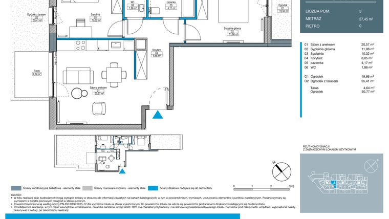 Rzut - Mieszkanie na sprzedaż 3 pokoje o powierzchni 57,45 m² - numer DC0002 w Talarowa Park II