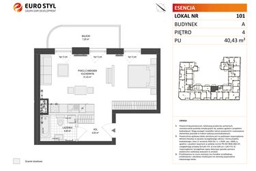 Rzut - Mieszkanie na sprzedaż 1 pokój o powierzchni 40,43 m² - numer A.101 w Esencja