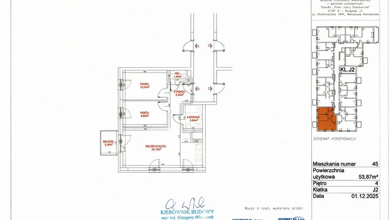 Rzut - Mieszkanie na sprzedaż 3 pokoje o powierzchni 53,87 m² - numer J2-45 w Park Leśny Rembertów etap VIII