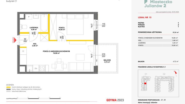 Rzut - Mieszkanie na sprzedaż 2 pokoje o powierzchni 37,61 m² - numer 15 w Miasteczko Julianów etap 2
