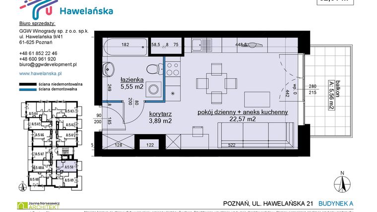 Rzut - Mieszkanie na sprzedaż 1 pokój o powierzchni 32,05 m² - numer A/5/50 w Osiedle Hawelańska etap III - bud. A