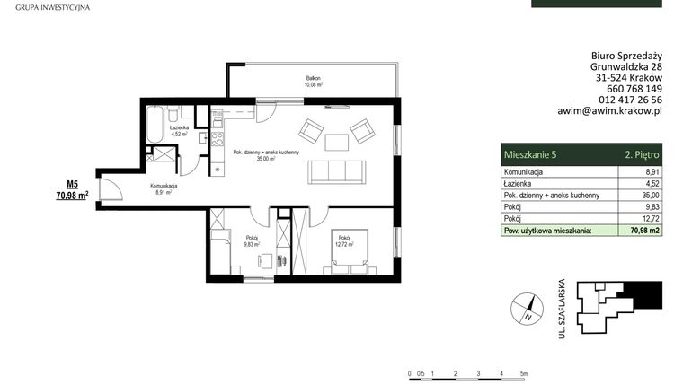 Rzut - Mieszkanie na sprzedaż 3 pokoje o powierzchni 70,98 m² - numer M5 w Szaflarska 9