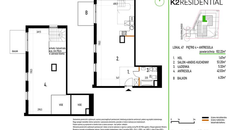 Rzut - Mieszkanie na sprzedaż 1 pokój o powierzchni 102,22 m² - numer 47 w Kowalskiego 37