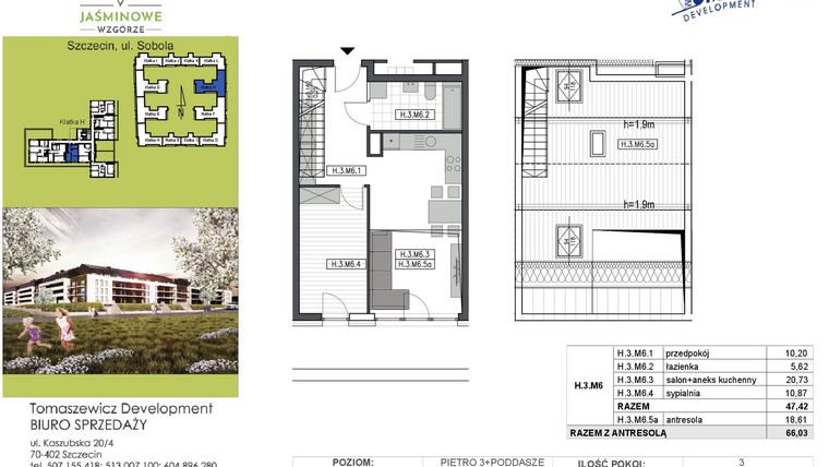 Rzut - Mieszkanie na sprzedaż 3 pokoje o powierzchni 66,03 m² - numer H3M6 w Jaśminowe Wzgórze - etap II