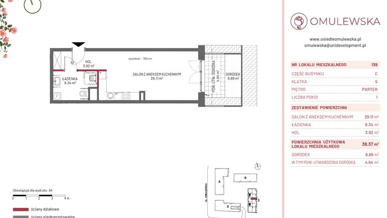 Rzut - Mieszkanie na sprzedaż 1 pokój o powierzchni 39,37 m² - numer C/139 w Omulewska