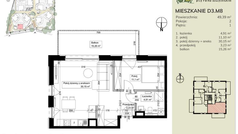 Rzut - Mieszkanie na sprzedaż 2 pokoje o powierzchni 49,39 m² - numer D3.M8 w Apartamenty przy Parku Szczytnickim