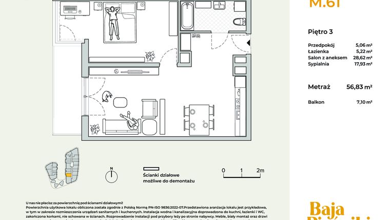 Rzut - Mieszkanie na sprzedaż 2 pokoje o powierzchni 56,83 m² - numer M61 w Baja Piaśniki