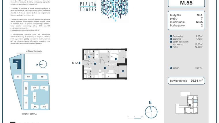 Rzut - Mieszkanie na sprzedaż 2 pokoje o powierzchni 36,54 m² - numer 55 w Piasta Towers bud. 90A