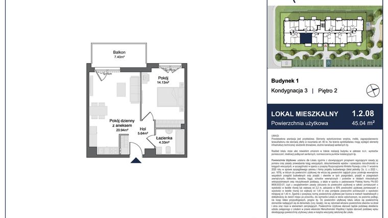 Rzut - Mieszkanie na sprzedaż 2 pokoje o powierzchni 45,04 m² - numer 1.2.08 w Rytelska
