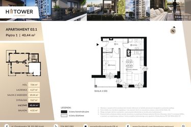 Rzut - Mieszkanie na sprzedaż 2 pokoje o powierzchni 40,44 m² - numer Hi 03.1 w Hi Tower