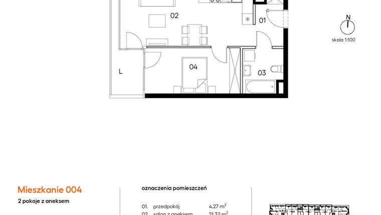 Rzut - Mieszkanie na sprzedaż 2 pokoje o powierzchni 43,5 m² - numer A.A004 w Miasto Polskich Mistrzów Olimpijskich II
