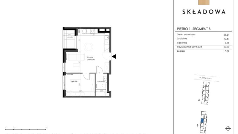 Rzut - Mieszkanie na sprzedaż 2 pokoje o powierzchni 39,59 m² - numer B55 w Apartamenty Składowa