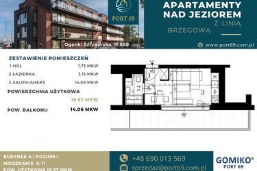 Rzut - Mieszkanie na sprzedaż 1 pokój o powierzchni 19,57 m² - numer A-11 w Port 69