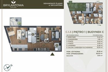 Rzut - Mieszkanie na sprzedaż 3 pokoje o powierzchni 61,18 m² - numer C.1.3 w Brylantowa Enklawa bud. C