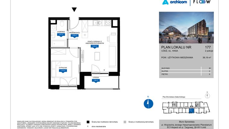 Rzut - Mieszkanie na sprzedaż 2 pokoje o powierzchni 38,19 m² - numer 177 w Flow