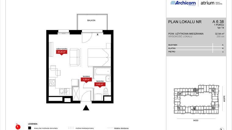 Rzut - Mieszkanie na sprzedaż 1 pokój o powierzchni 32,94 m² - numer A6 38 w Atrium - Nowy Szczepin
