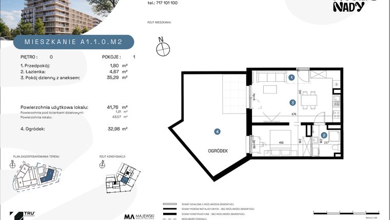 Rzut - Mieszkanie na sprzedaż 1 pokój o powierzchni 41,76 m² - numer A1.1.0.M2 w Nowe Promenady