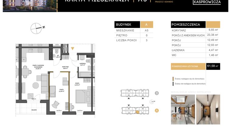 Rzut - Mieszkanie na sprzedaż 3 pokoje o powierzchni 61,58 m² - numer A.5 w Osiedle Kasprowicza