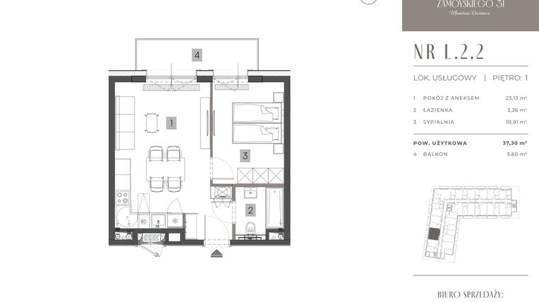 Rzut - Mieszkanie na sprzedaż 2 pokoje o powierzchni 37,3 m² - numer L.2.2 w Zamoyskiego 31
