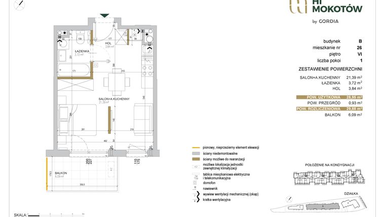 Rzut - Mieszkanie na sprzedaż 1 pokój o powierzchni 28,9 m² - numer A1.B.26 w Hi Mokotów