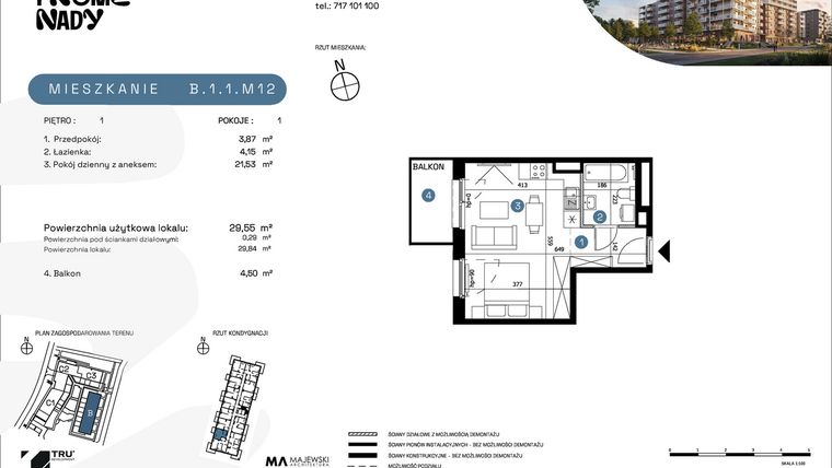 Rzut - Mieszkanie na sprzedaż 1 pokój o powierzchni 29,55 m² - numer B.1.1.M12 w Nowe Promenady etap II
