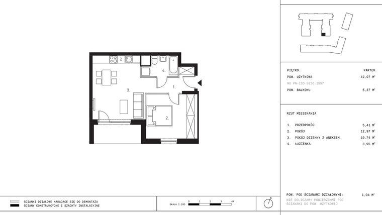 Rzut - Mieszkanie na sprzedaż 2 pokoje o powierzchni 42,07 m² - numer D7 w Podskarbińska 28