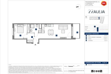 Rzut - Mieszkanie na sprzedaż 2 pokoje o powierzchni 43,5 m² - numer E.57 w 29. Aleja etap 2