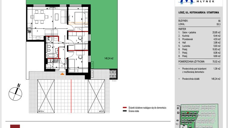 Rzut - Mieszkanie na sprzedaż 3 pokoje o powierzchni 69,85 m² - numer 55.3 w Przystań Młynek