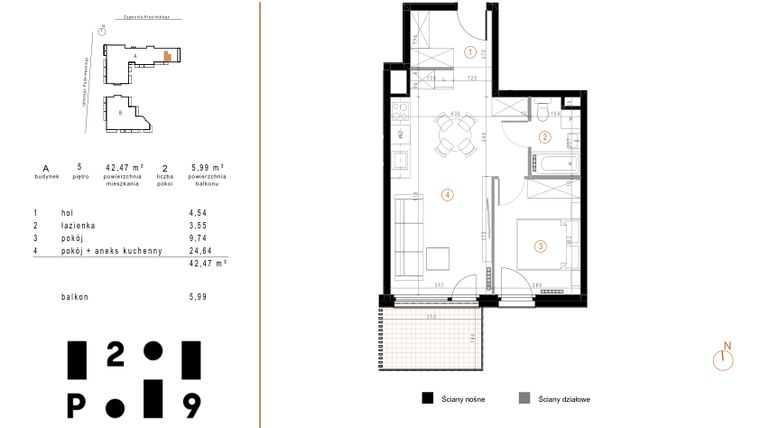 Rzut - Mieszkanie na sprzedaż 2 pokoje o powierzchni 42,47 m² - numer A87 w Paderewskiego 29