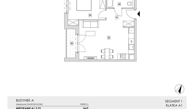 Rzut - Mieszkanie na sprzedaż 2 pokoje o powierzchni 46,11 m² - numer A1.3.23 w Zakole Wisły