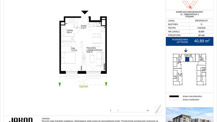 Rzut - Mieszkanie na sprzedaż 2 pokoje o powierzchni 40,89 m² - numer D.C51 w Wieruszowska D