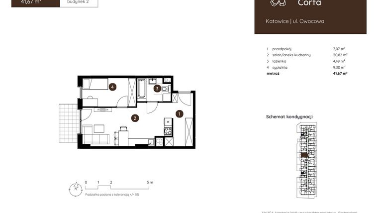 Rzut - Mieszkanie na sprzedaż 2 pokoje o powierzchni 41,67 m² - numer 2.A.0.08 w Murapol Corfa
