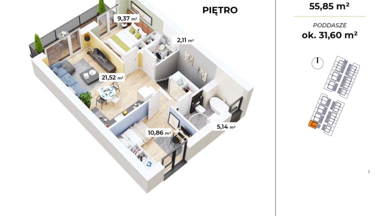 Rzut - Mieszkanie na sprzedaż 3 pokoje o powierzchni 59,88 m² - numer C-11 w Osiedle Lędziny