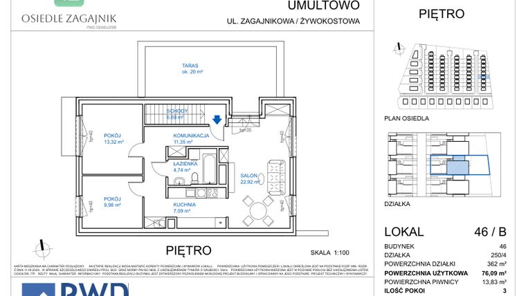 Rzut - Mieszkanie na sprzedaż 3 pokoje o powierzchni 76,09 m² - numer 46B w Osiedle Zagajnik - etap I