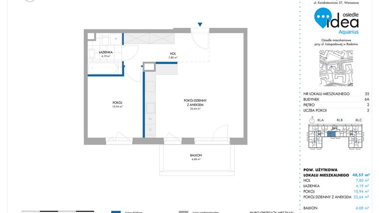 Rzut - Mieszkanie na sprzedaż 2 pokoje o powierzchni 48,57 m² - numer 6A/35 w Osiedle Idea Aquarius